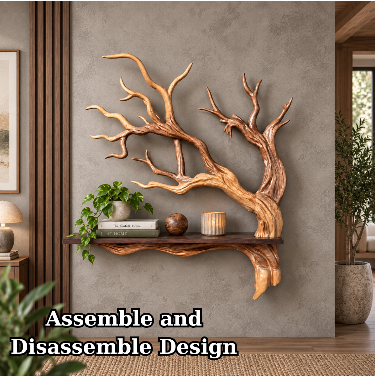 Sculptural Solid Wood Branch Wall Shelf