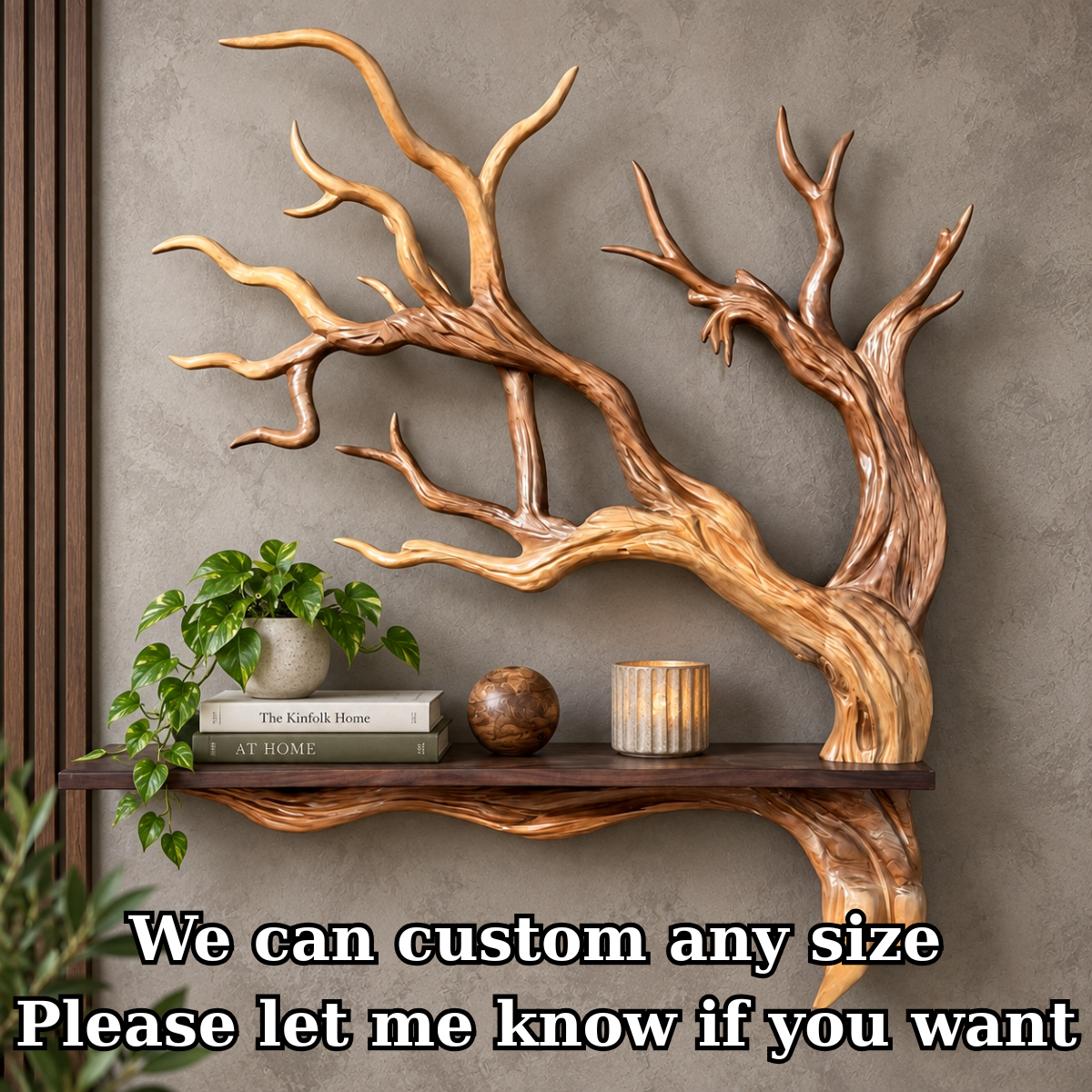 Sculptural Solid Wood Branch Wall Shelf