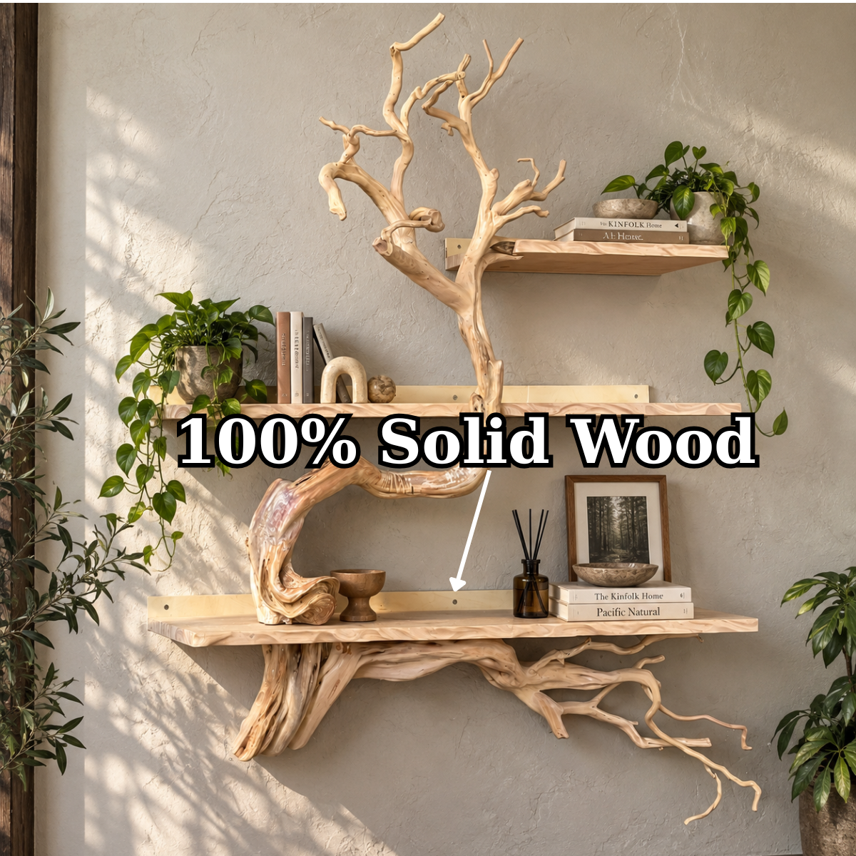 Sculptural Solid Wood Tree Branch Wall Shelf