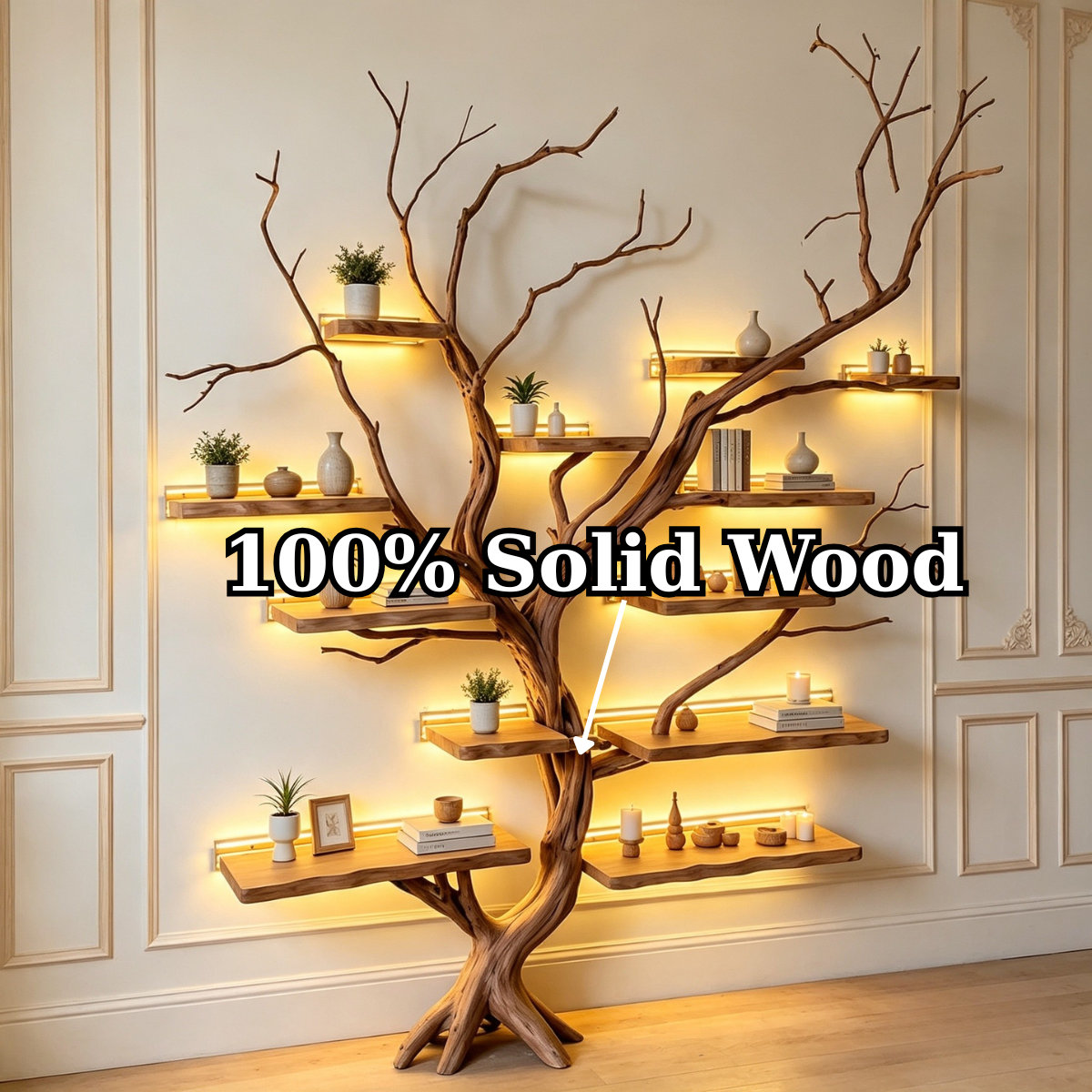 Handcrafted Solid Wood Tree Bookshelf with Branch Shelves