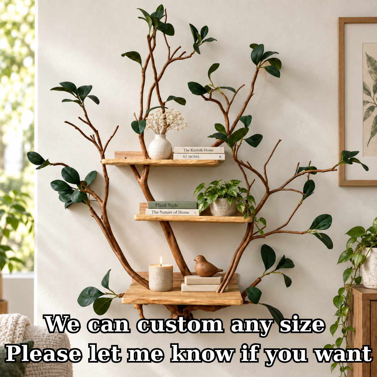 Handcrafted Solid Wood Branch Wall Bookshelf