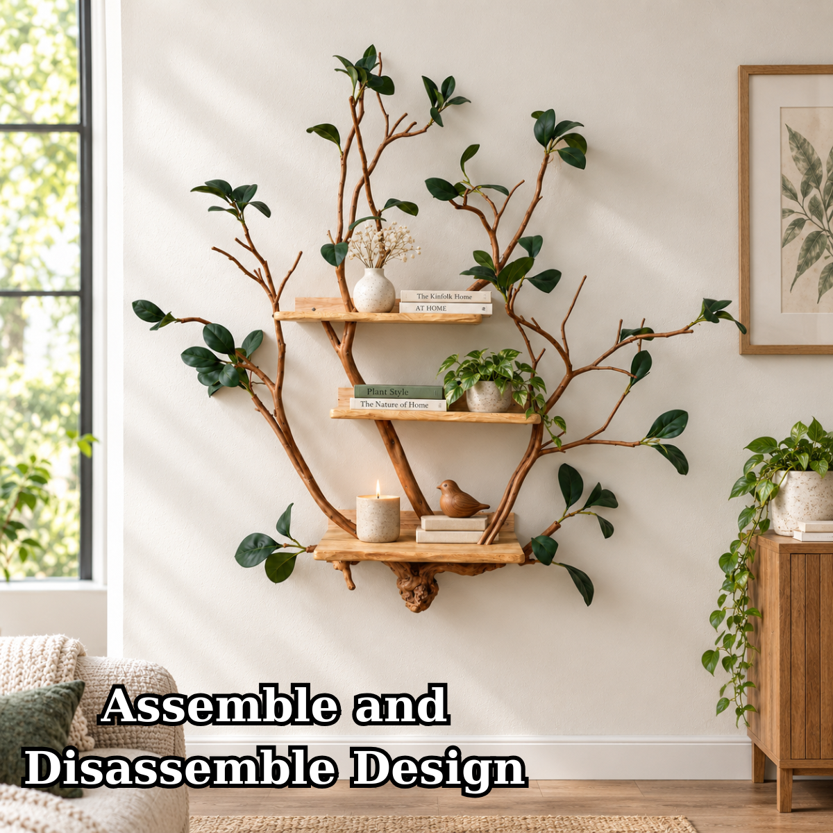 Handcrafted Solid Wood Branch Wall Bookshelf