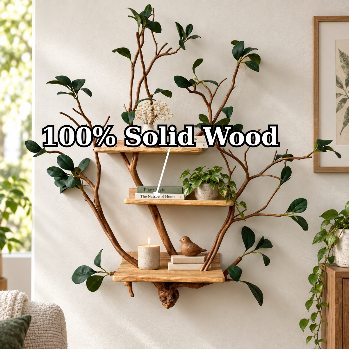 Handcrafted Solid Wood Branch Wall Bookshelf