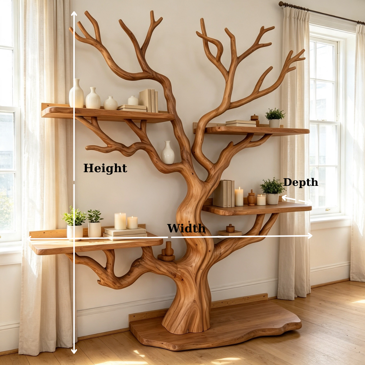 Handcrafted Solid Wood Tree Bookshelf Freestanding Branch Display Shelf
