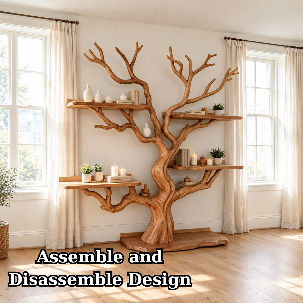 Handcrafted Solid Wood Tree Bookshelf Freestanding Branch Display Shelf