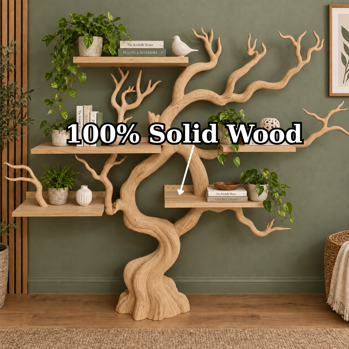 Handcrafted Solid Wood Tree Bookshelf Natural Branch Display Shelf