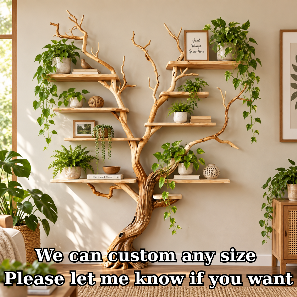 Handcrafted Solid Wood Tree Bookshelf Natural Branch Wall Display Shelf