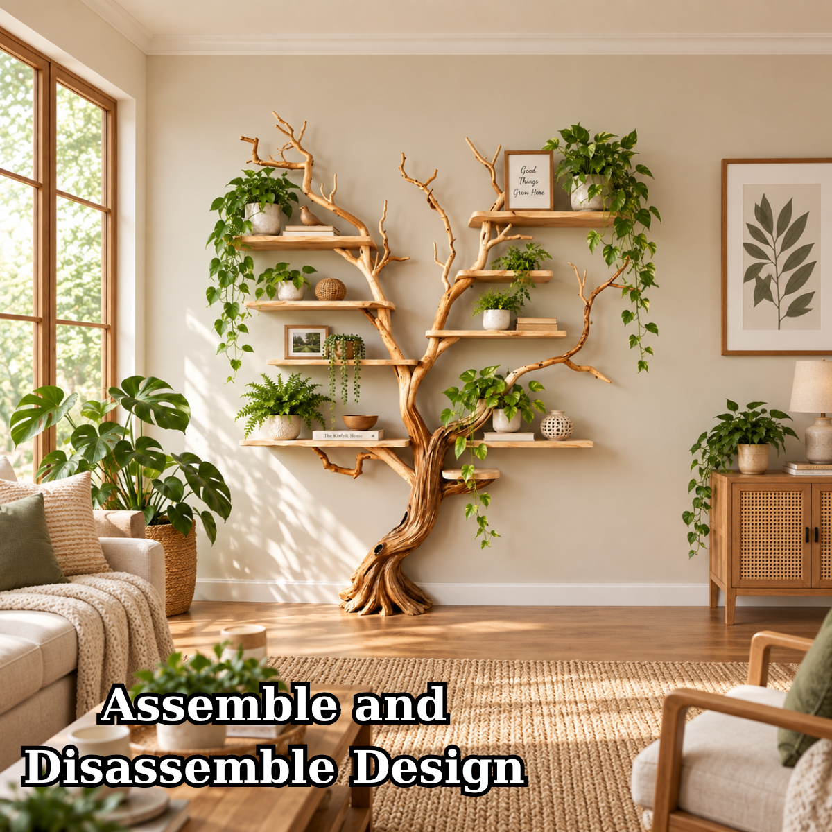 Handcrafted Solid Wood Tree Bookshelf Natural Branch Wall Display Shelf