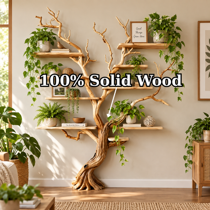 Handcrafted Solid Wood Tree Bookshelf Natural Branch Wall Display Shelf