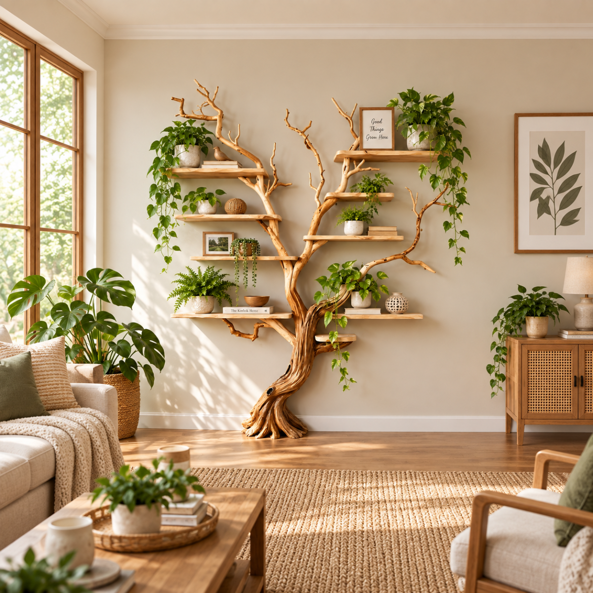 Handcrafted Solid Wood Tree Bookshelf Natural Branch Wall Display Shelf
