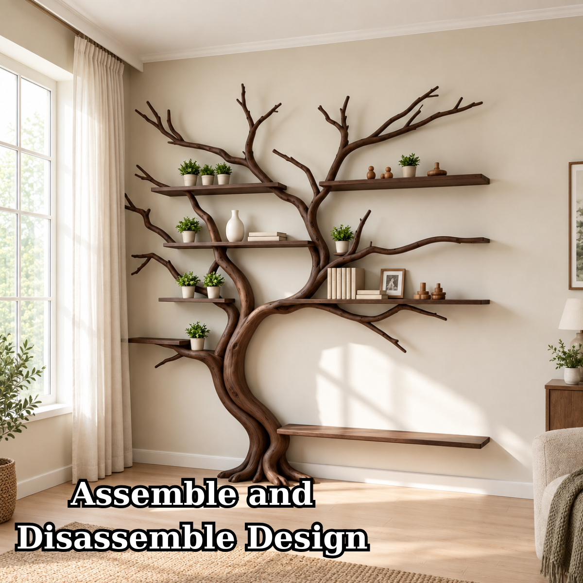 Handcrafted Sculptural Tree Bookshelf Solid Wood Branch Shelving Unit