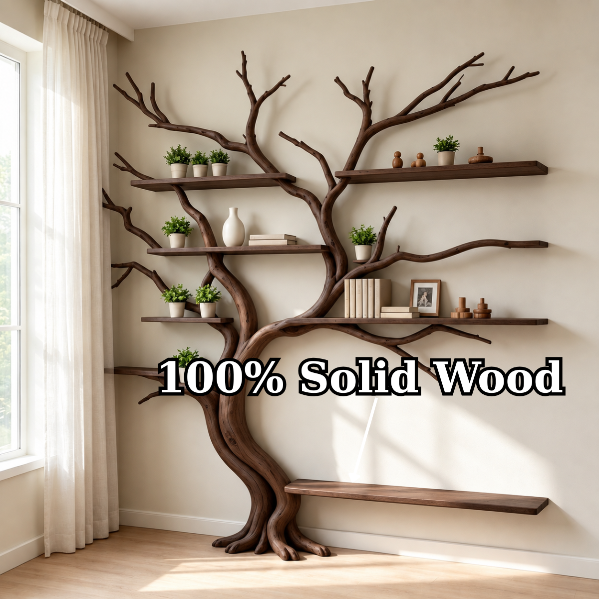 Handcrafted Sculptural Tree Bookshelf Solid Wood Branch Shelving Unit