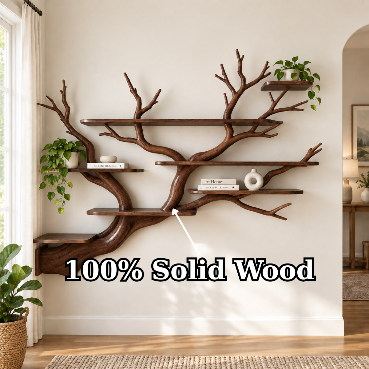 Handcrafted Organic Branch Wall Shelf Solid Wood Tree Bookshelf