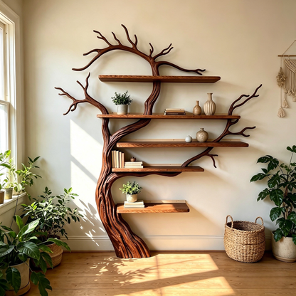 Sculptural Solid Wood Tree Bookshelf with Floating Shelves