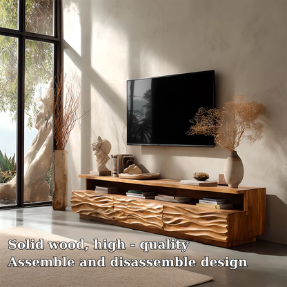 Solid Wood TV Stand Modern Oak Media Console with Carved Wave Doors and Storage