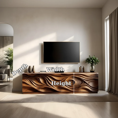 Solid Wood TV Stand Modern Walnut Media Console with Sculpted Wave Doors and Storage