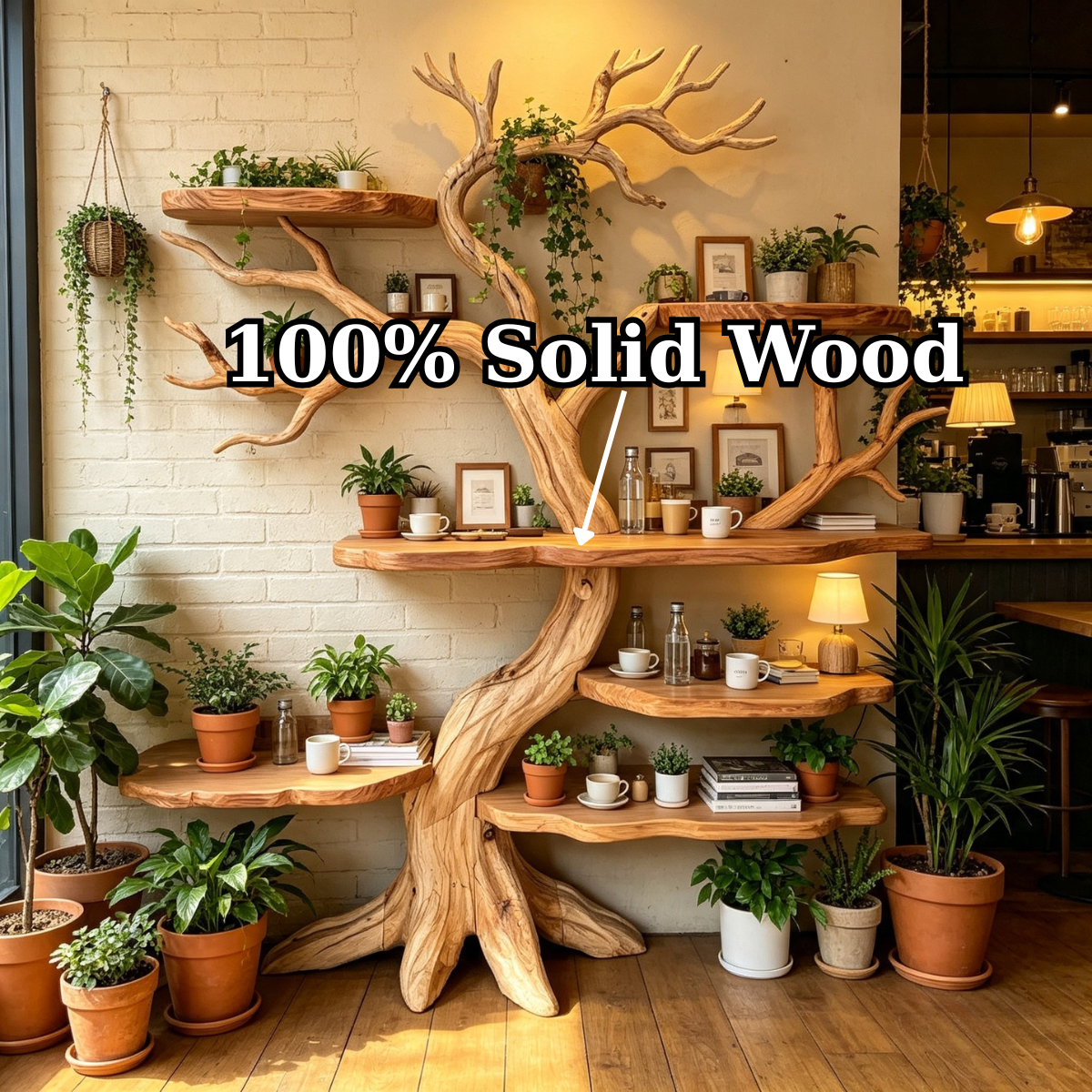 Handcrafted Solid Wood Tree Bookshelf with Natural Branch Shelves