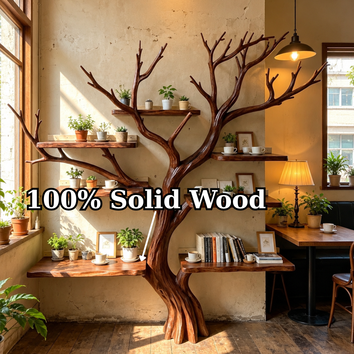 Handcrafted Solid Wood Tree Bookshelf with Spreading Branch Shelves