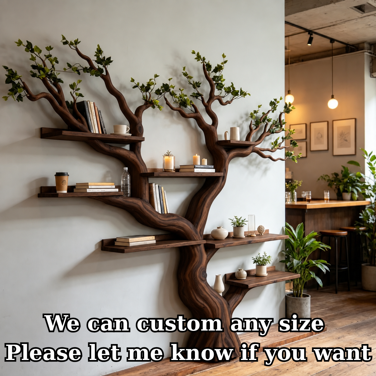 Handcrafted Solid Wood Tree Bookshelf with Leafy Branch Design