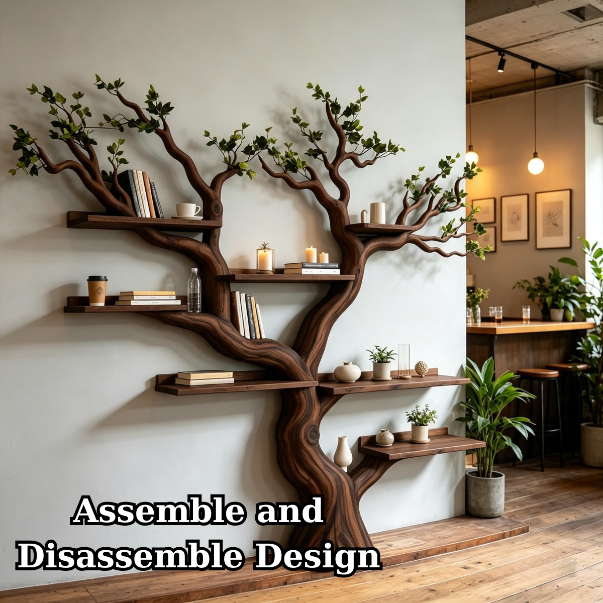Handcrafted Solid Wood Tree Bookshelf with Leafy Branch Design