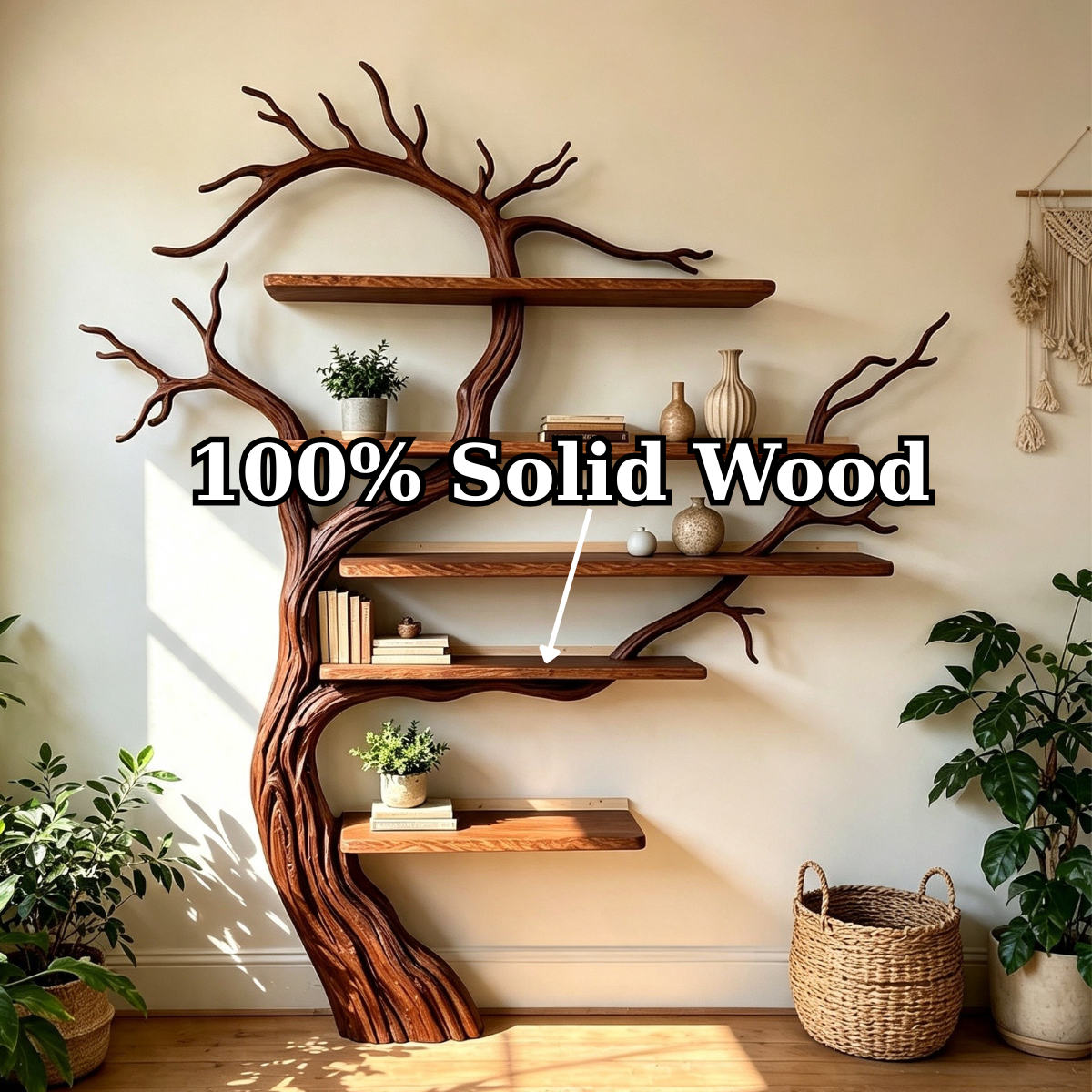 Sculptural Solid Wood Tree Bookshelf with Floating Shelves