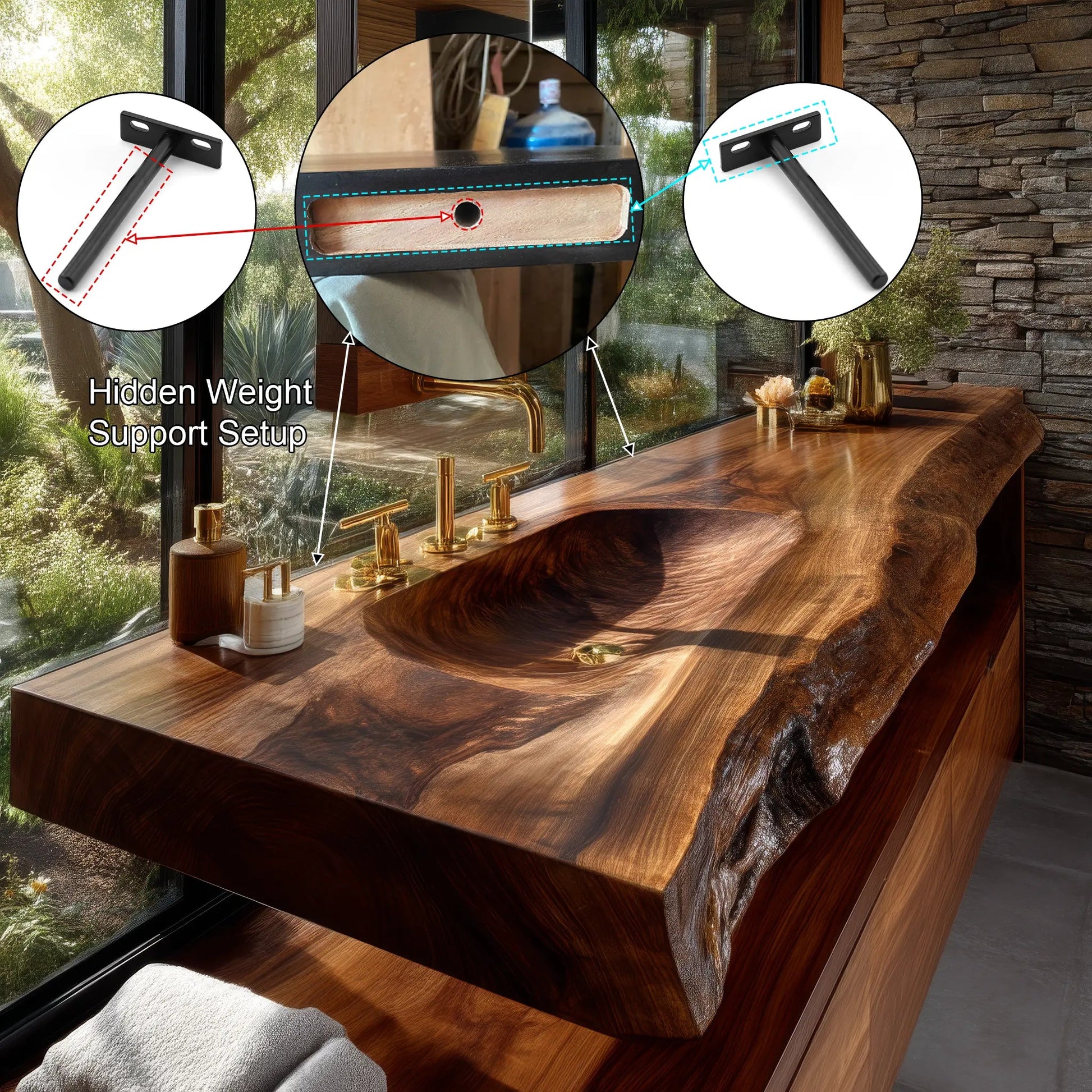 Valdren Sculpted Live Edge Solid Wood Floating Bathroom Vanity with Integrated Sink SPA354346 Kitchnce