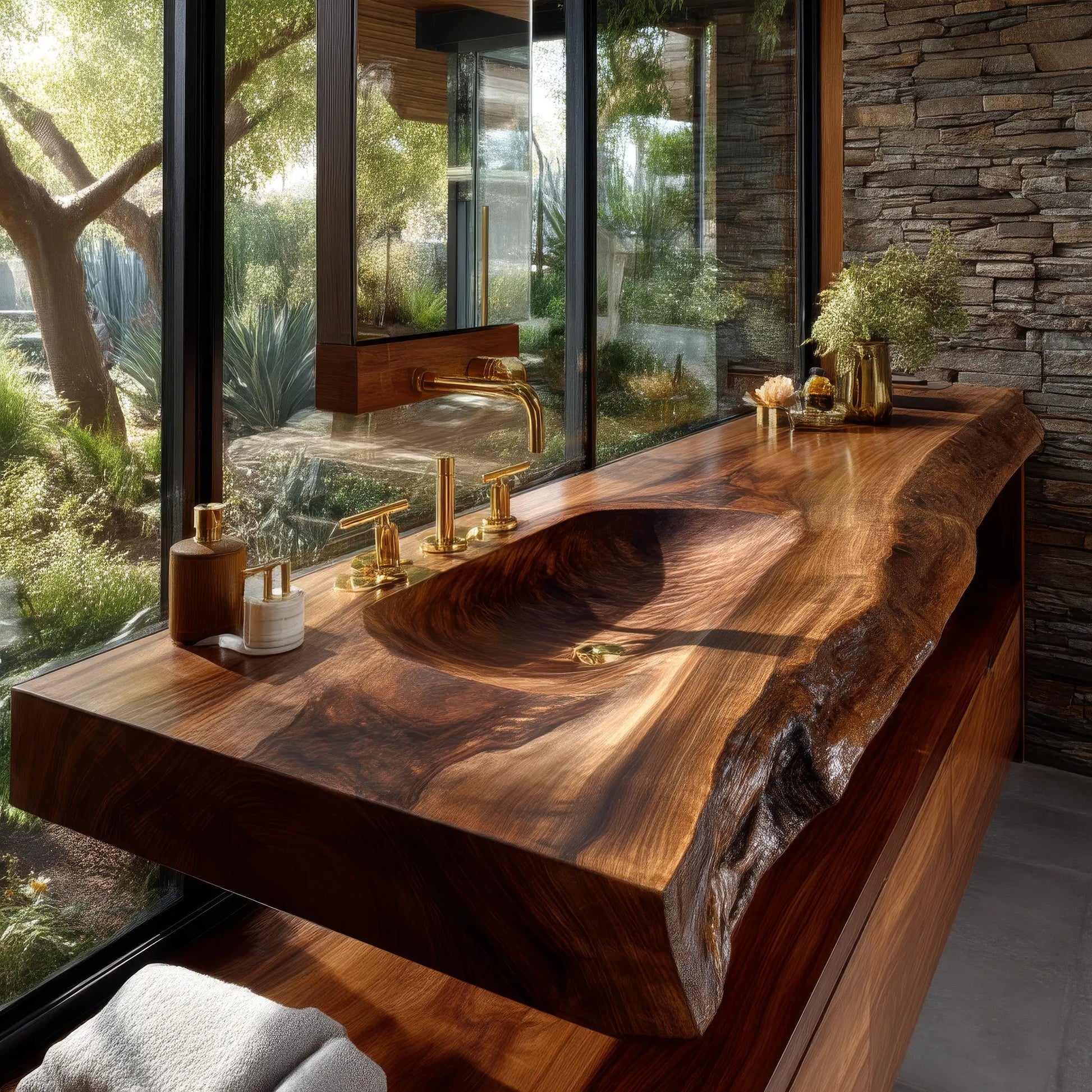 Valdren Sculpted Live Edge Solid Wood Floating Bathroom Vanity with Integrated Sink SPA354346 Kitchnce