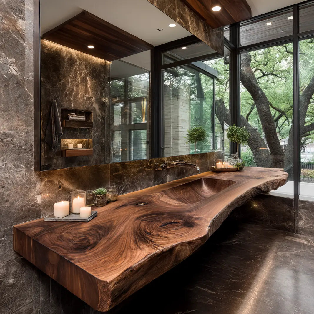 Valtero Sculpted Live Edge Solid Wood Floating Bathroom Vanity with Integrated Sink Kitchnce