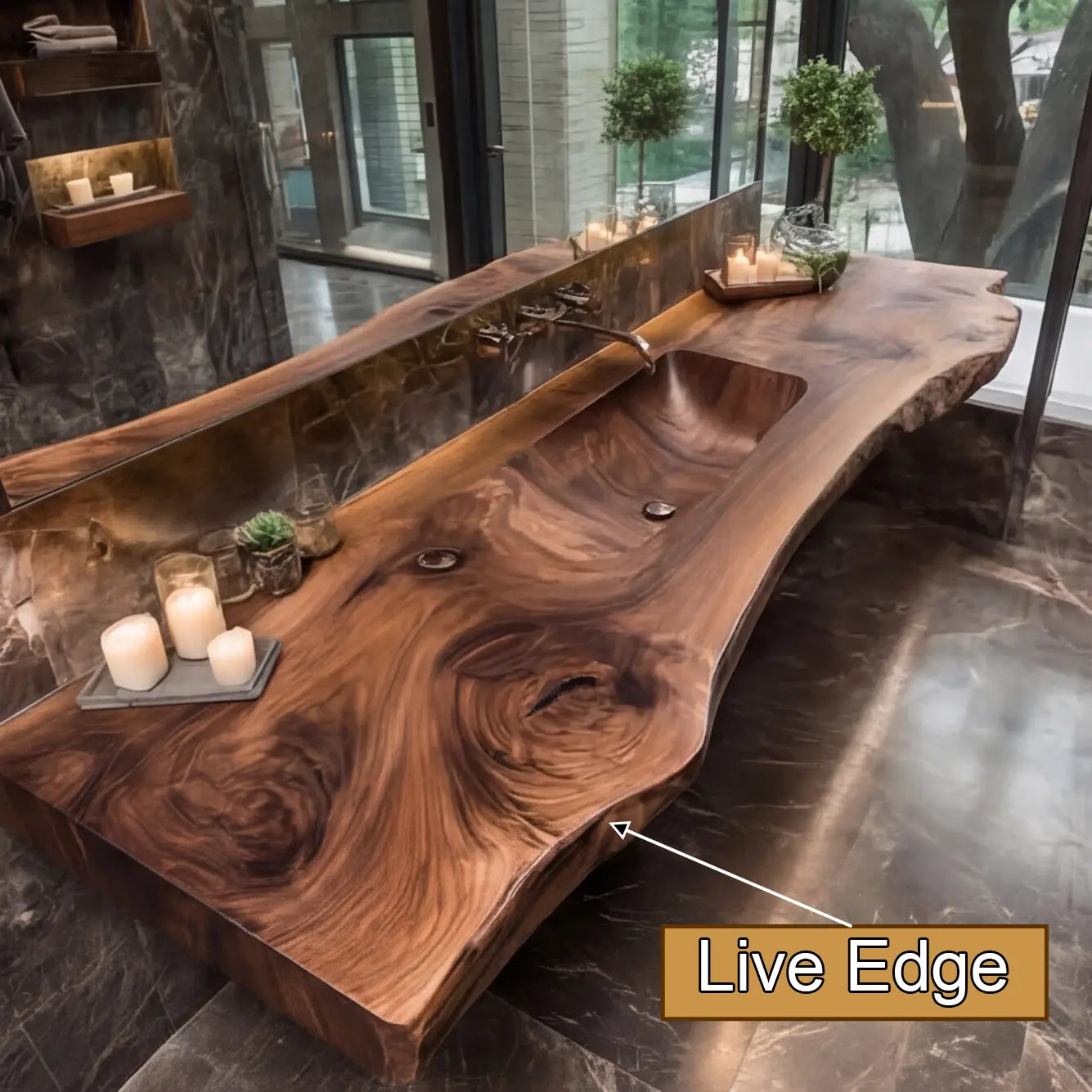 Valtero Sculpted Live Edge Solid Wood Floating Bathroom Vanity with Integrated Sink Kitchnce