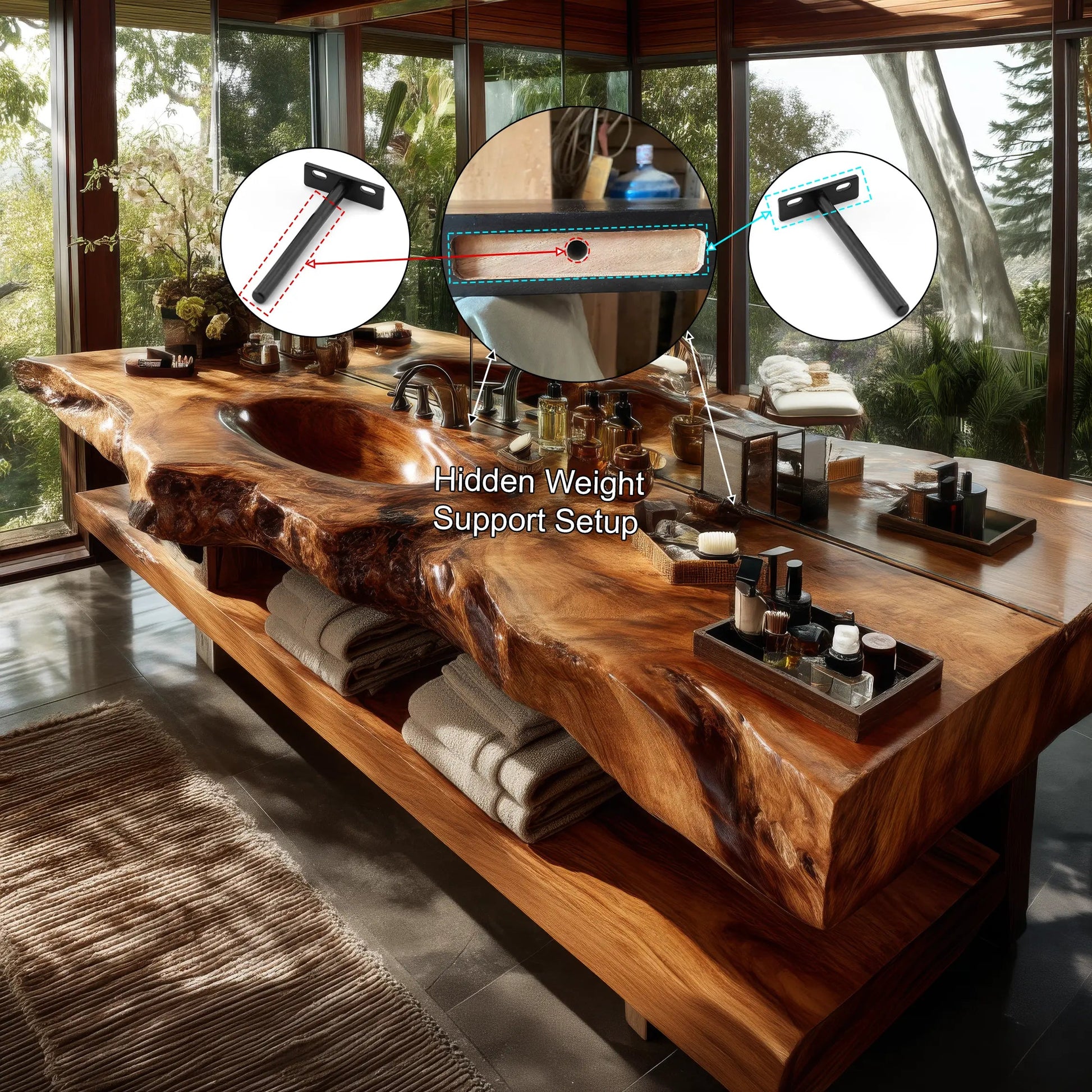 Varello Handcrafted Live Edge Solid Wood Floating Bathroom Vanity with Integrated Sink Kitchnce