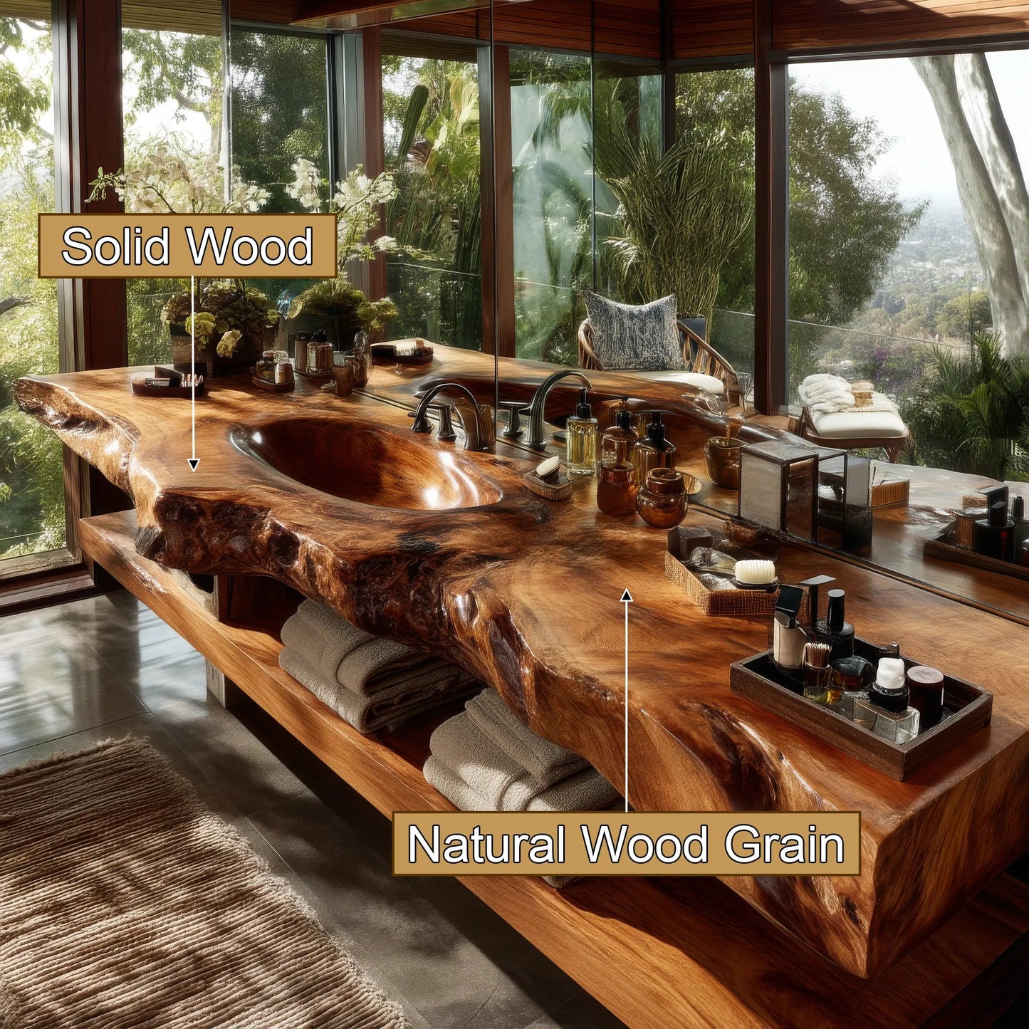 Varello Handcrafted Live Edge Solid Wood Floating Bathroom Vanity with Integrated Sink Kitchnce