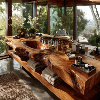 Varello Handcrafted Live Edge Solid Wood Floating Bathroom Vanity with Integrated Sink Kitchnce