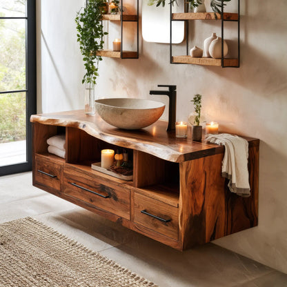 Vareon Live Edge Solid Wood Floating Bathroom Vanity with Drawers Kitchnce