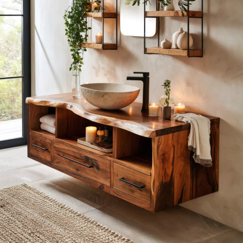 Vareon Live Edge Solid Wood Floating Bathroom Vanity with Drawers Kitchnce