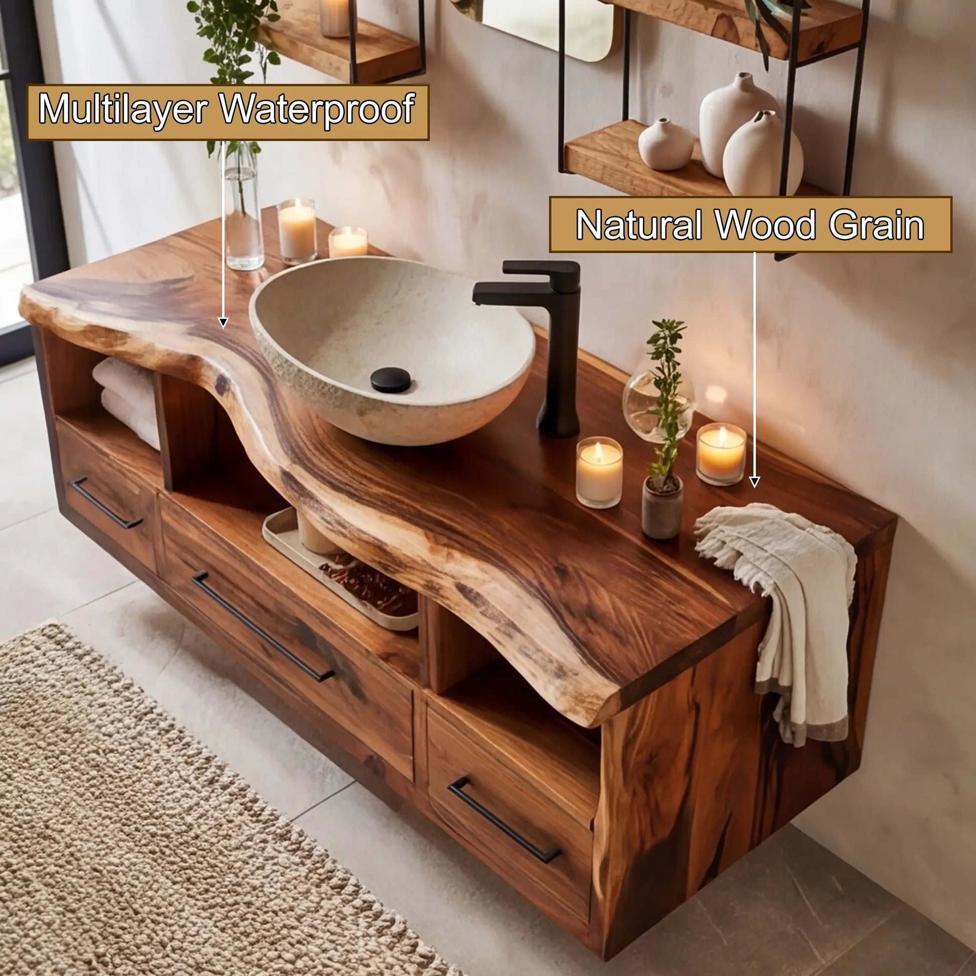 Vareon Live Edge Solid Wood Floating Bathroom Vanity with Drawers Kitchnce