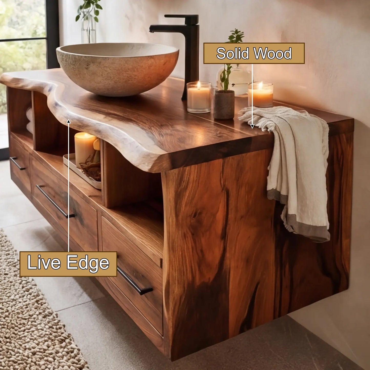 Vareon Live Edge Solid Wood Floating Bathroom Vanity with Drawers Kitchnce