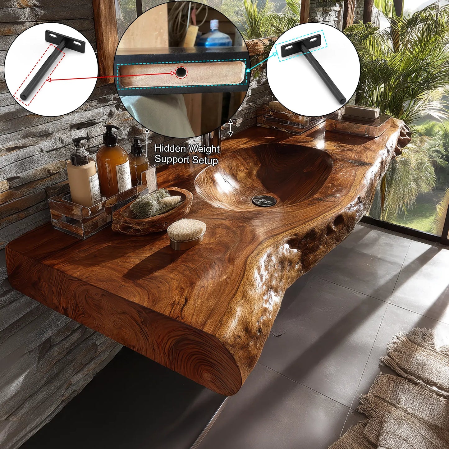 Velmoris Live Edge Solid Wood Floating Bathroom Vanity with Integrated Sink SPA200003 Kitchnce