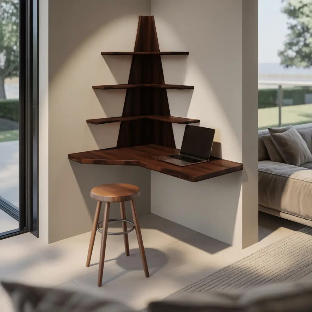 Modern Floating Corner Desk With Tree Shelves For Home Office And Apartment Kitchnce
