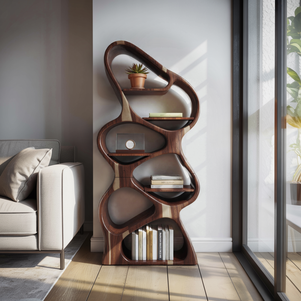 Modern Sculptural Bookshelf With Flowing Shelves For Home Library And Living Room Kitchnce