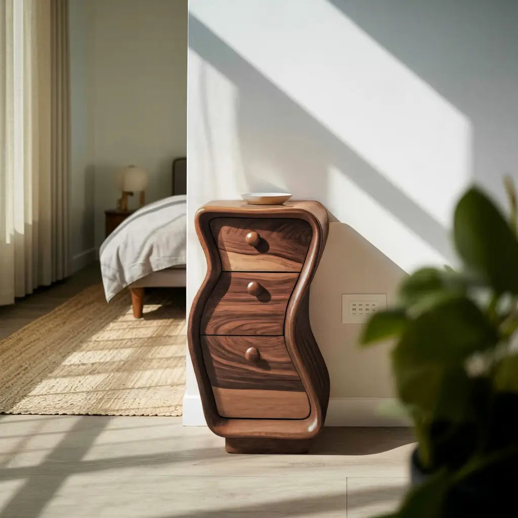 Wavy Sculpted Nightstand With Drawers For Bedroom And Contemporary Interior Kitchnce