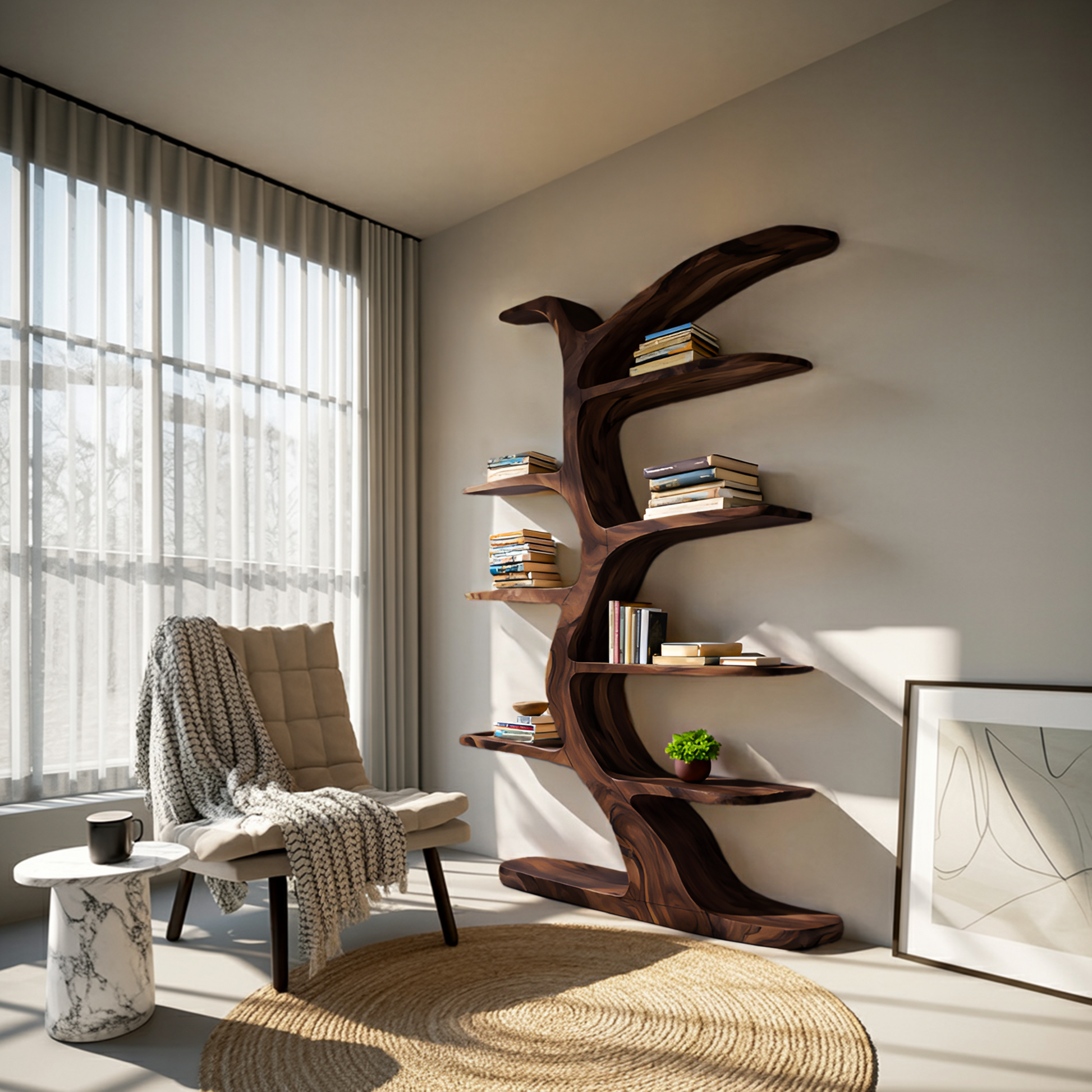 Modern Bookshelf Tree Inspired Curved Design For Living Room Kitchnce