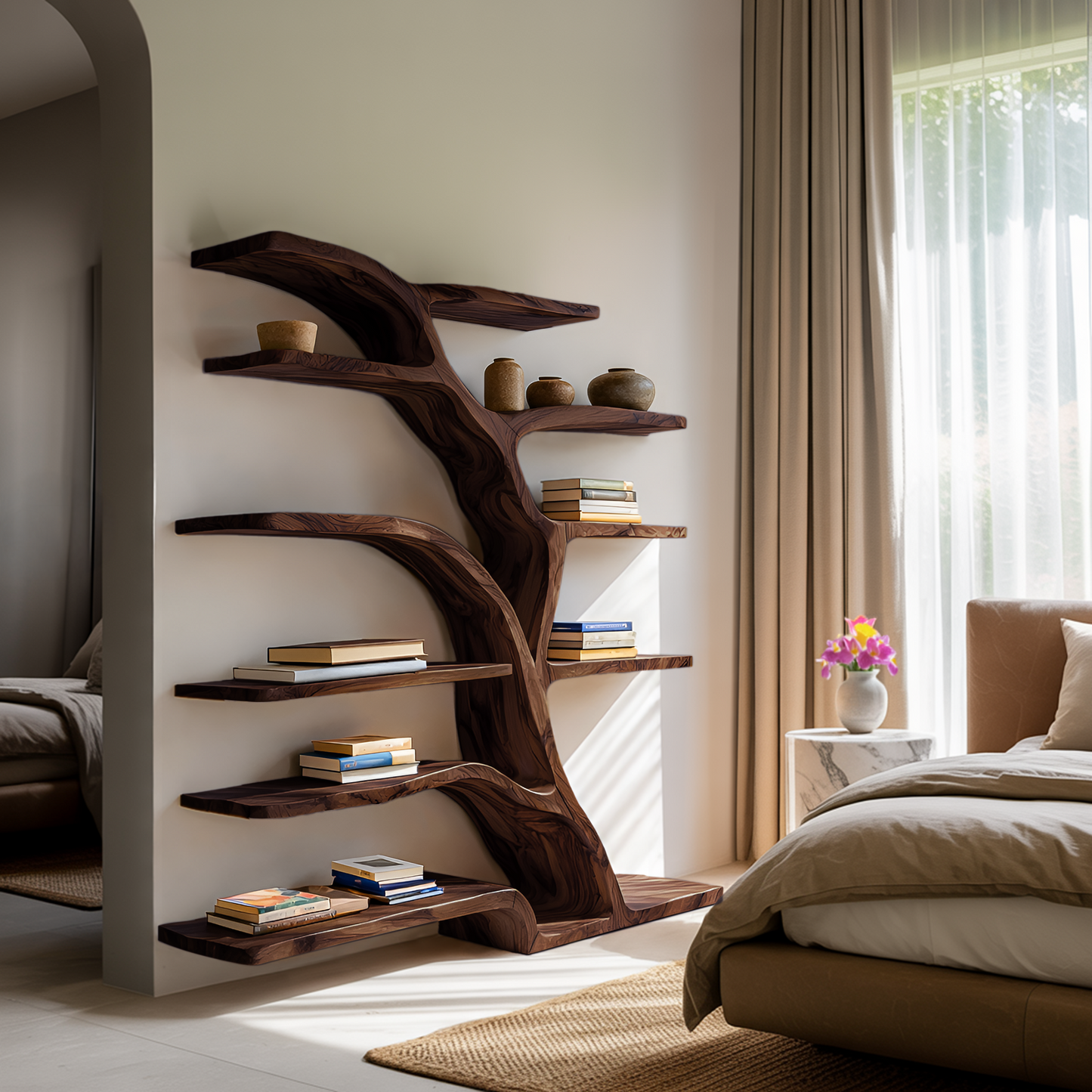 Modern Bookshelf Flowing Curved Design For Living Decor Kitchnce