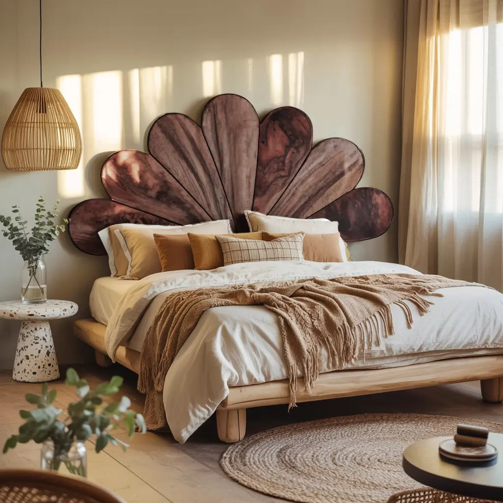 Boho Flower Petal Headboard Bed For Queen And King Bedroom Kitchnce