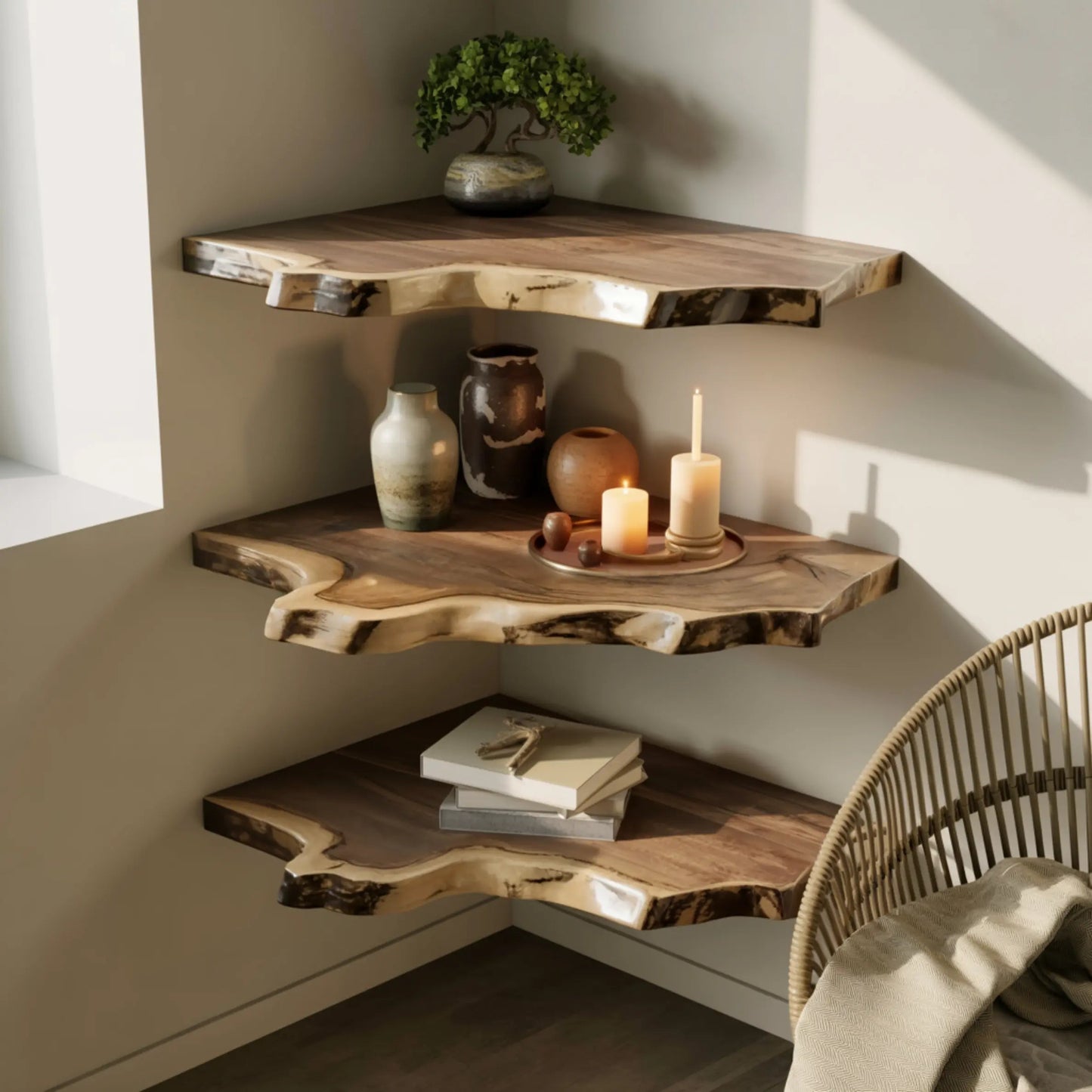 Wavedge Live Edge Floating Corner Shelf Kitchnce