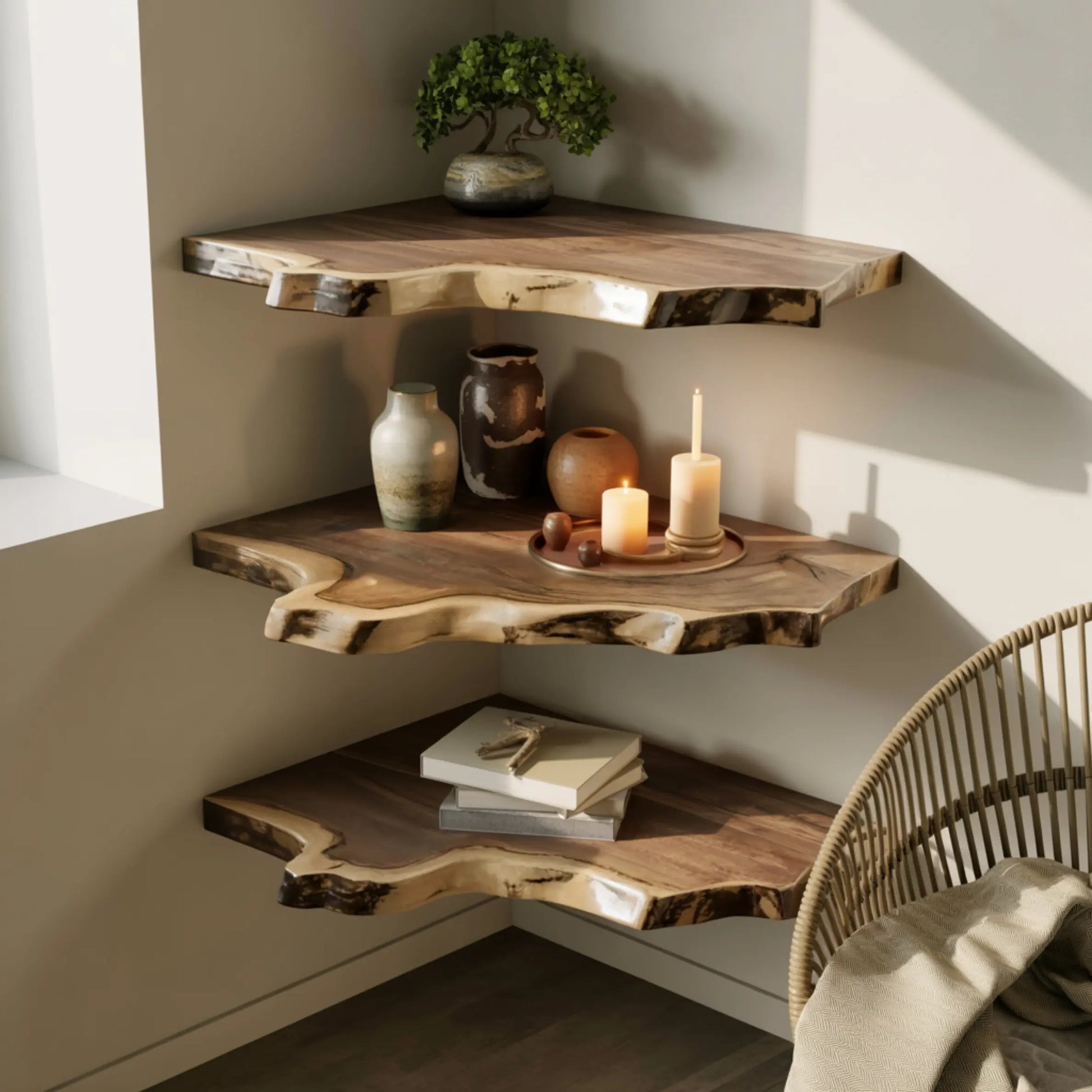 Wavedge Live Edge Floating Corner Shelf Kitchnce