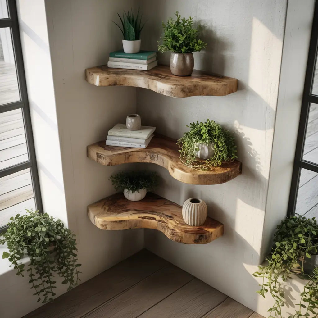 Waveline Live Edge Solid Wood Corner Floating Shelf Kitchnce