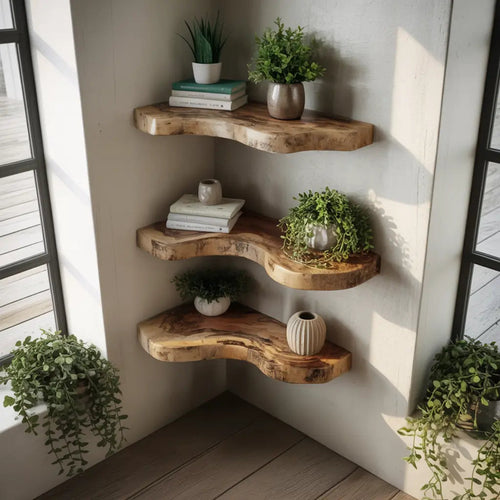 Waveline Live Edge Solid Wood Corner Floating Shelf Kitchnce