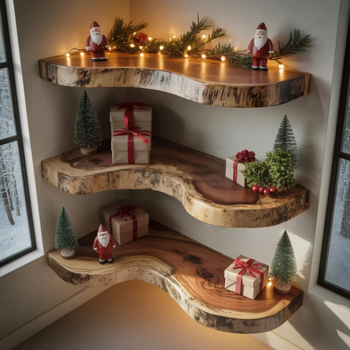 Waveline Live Edge Solid Wood Corner Floating Shelf Kitchnce