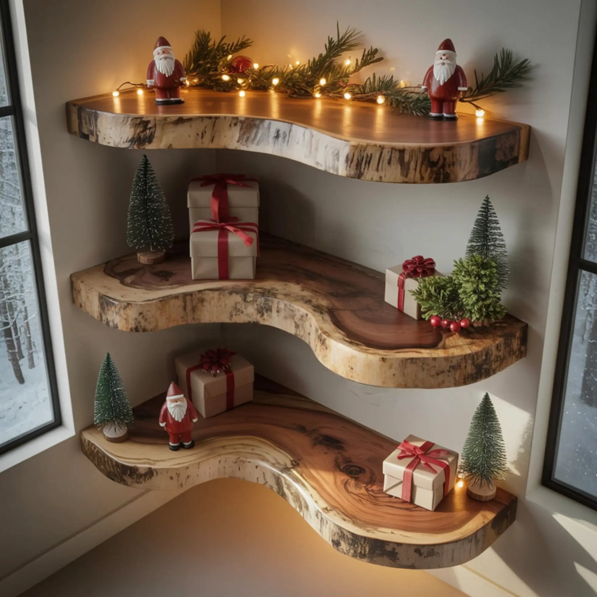 Waveline Live Edge Solid Wood Corner Floating Shelf Kitchnce