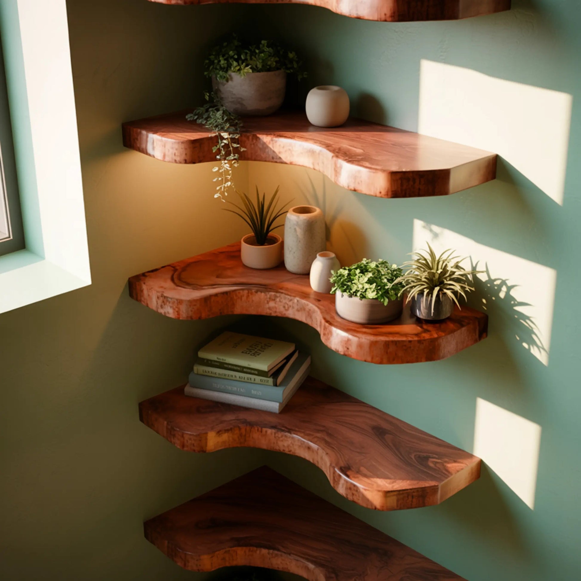 Waveline Live Edge Solid Wood Corner Floating Shelf Kitchnce